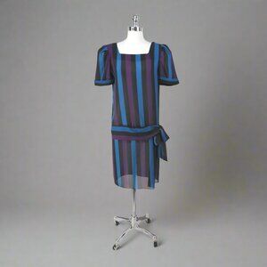 Vintage 80s Sheer Stripe Drop Waist Dress L